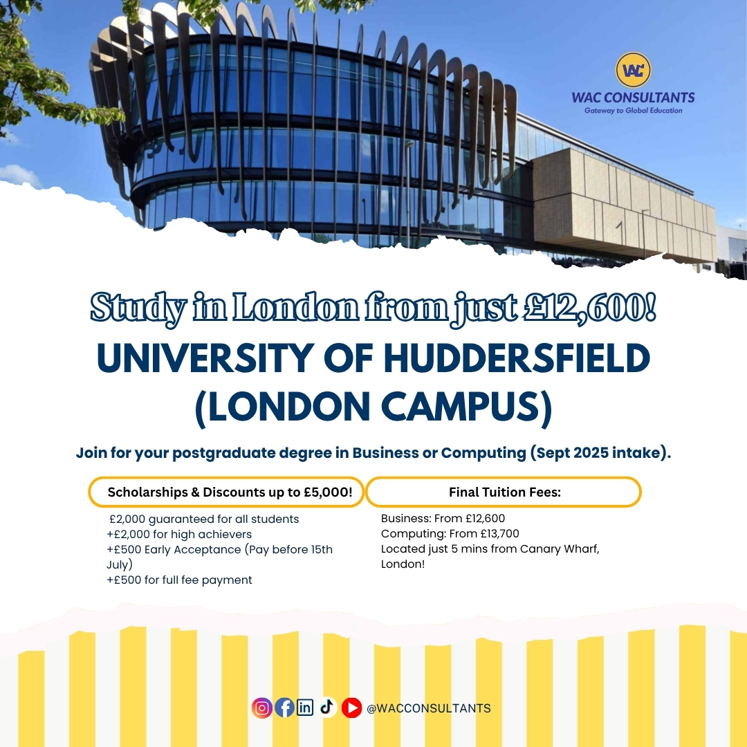 Study in London from Just £12,600! – Postgraduate Opportunities at University of Huddersfield, London Campus