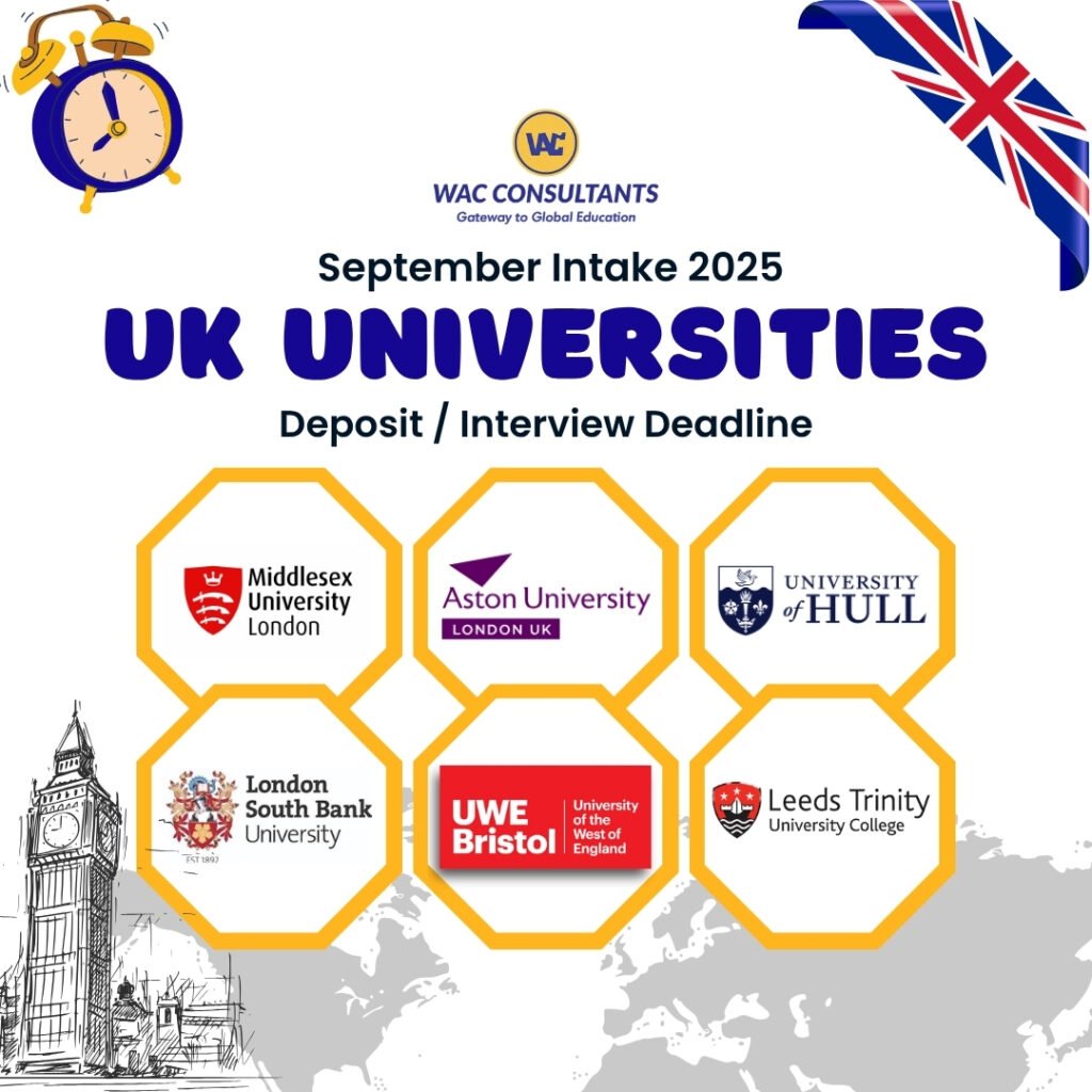 UK Universities – Deposit & Interview Deadlines for September 2025 Intake