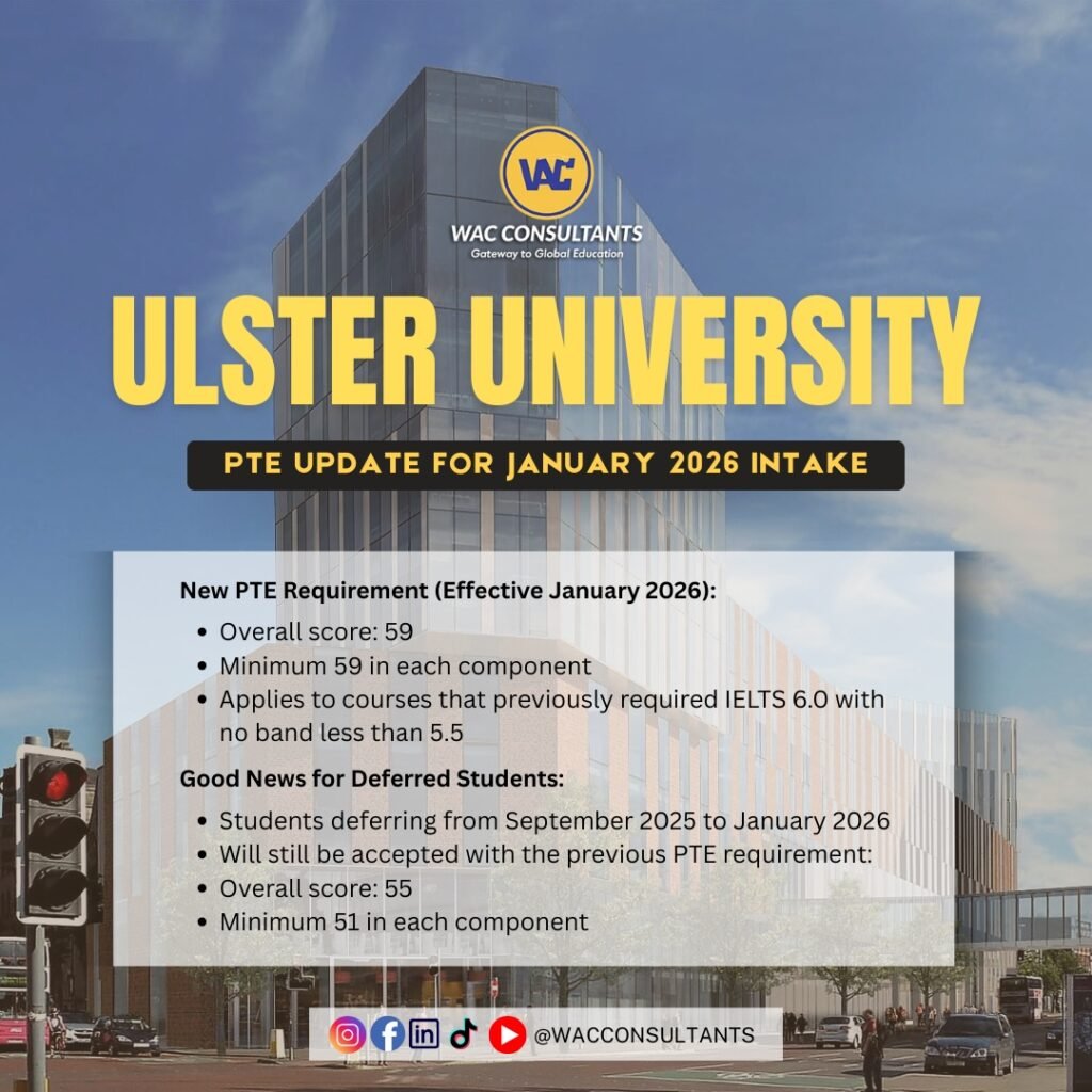 Ulster University – PTE Update for Jan 2026 Intake