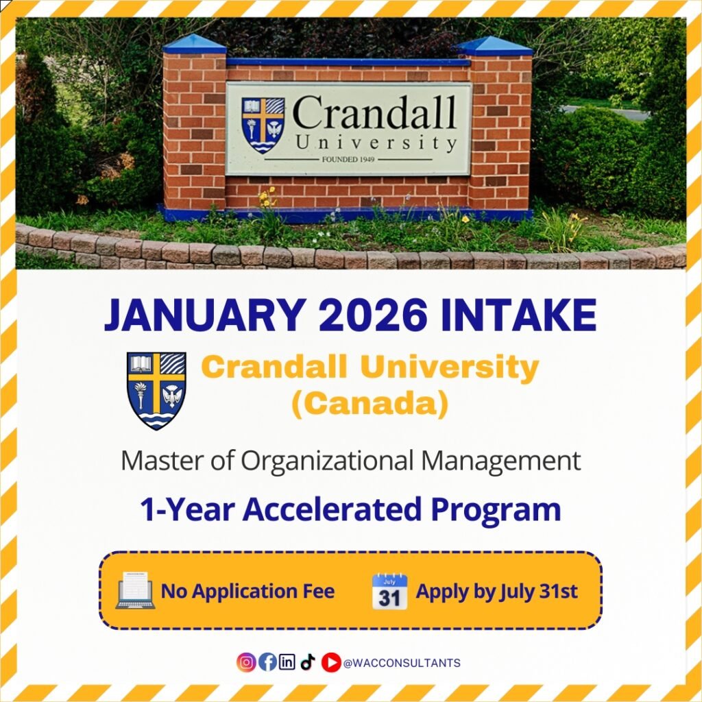 January 2026 Intake – Crandall University, Canada
