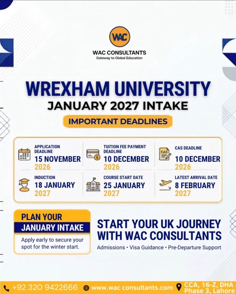 WREXHAM UNIVERSITY | SEPTEMBER 2026 INTAKE Planning to study in the UK? Make sure you don’t miss these important deadlines!